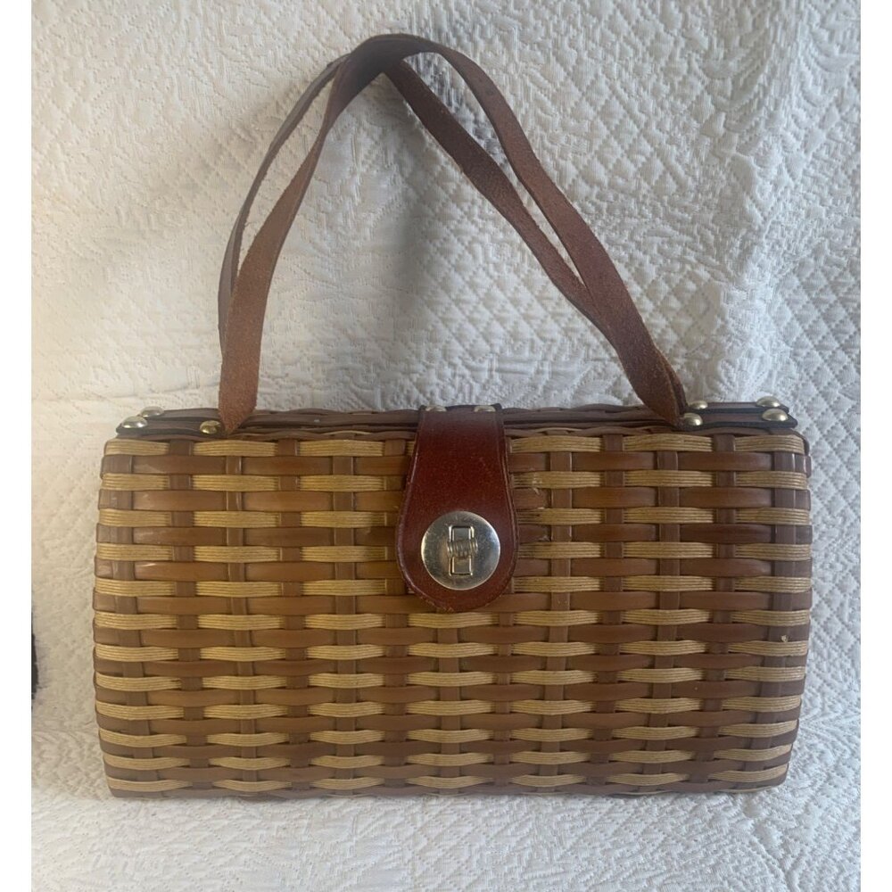 Wicker and Leather Basket Weave Purse Handbag Woven Vintage Hong Kong - Picture 13 of 15